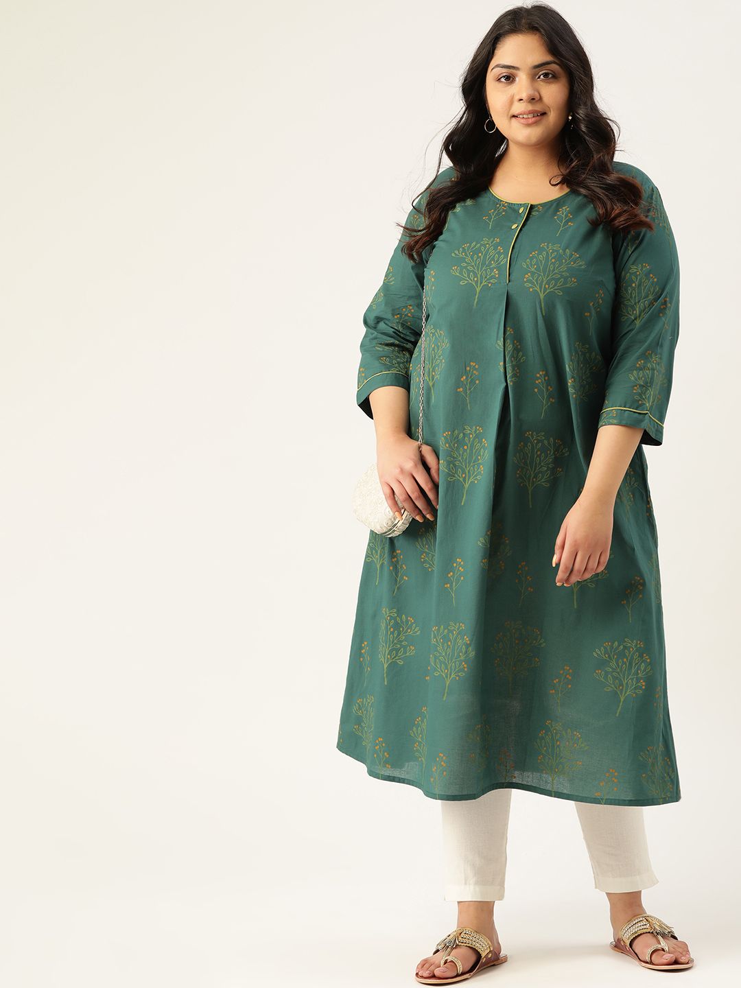 Sztori Women Plus Size Green Pure Cotton Floral Print Straight Kurta Price in India
