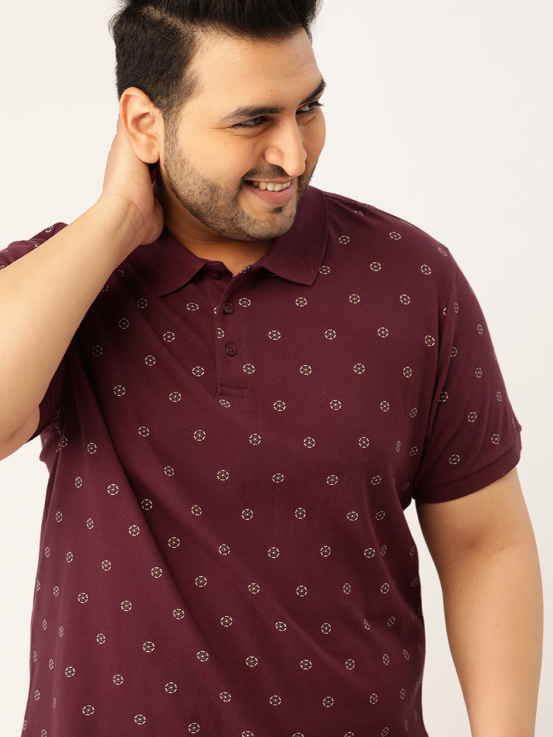 Sztori Men Plus Size Maroon & White Printed Cotton Polo Collar T-shirt