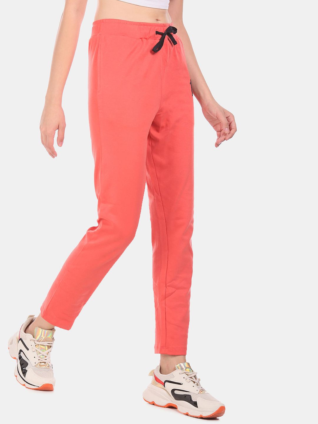 Sugr Women Coral Red Solid Straight-Fit Track Pants Price in India