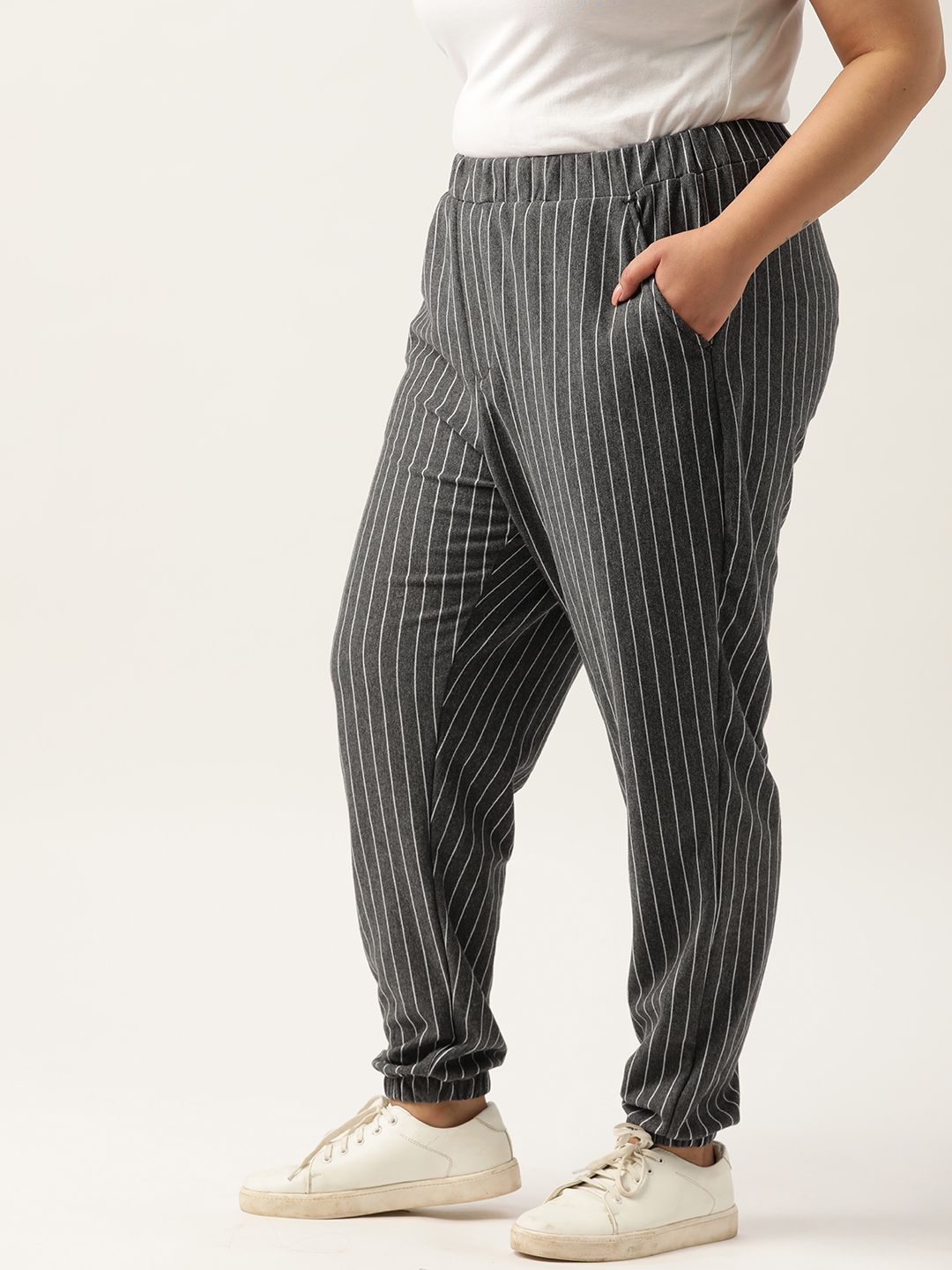 Sztori Women Plus Size Grey & White Striped Regular Fit  Joggers Price in India