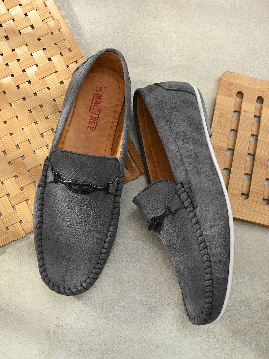 Mactree Men Grey Perforations Suede Loafers