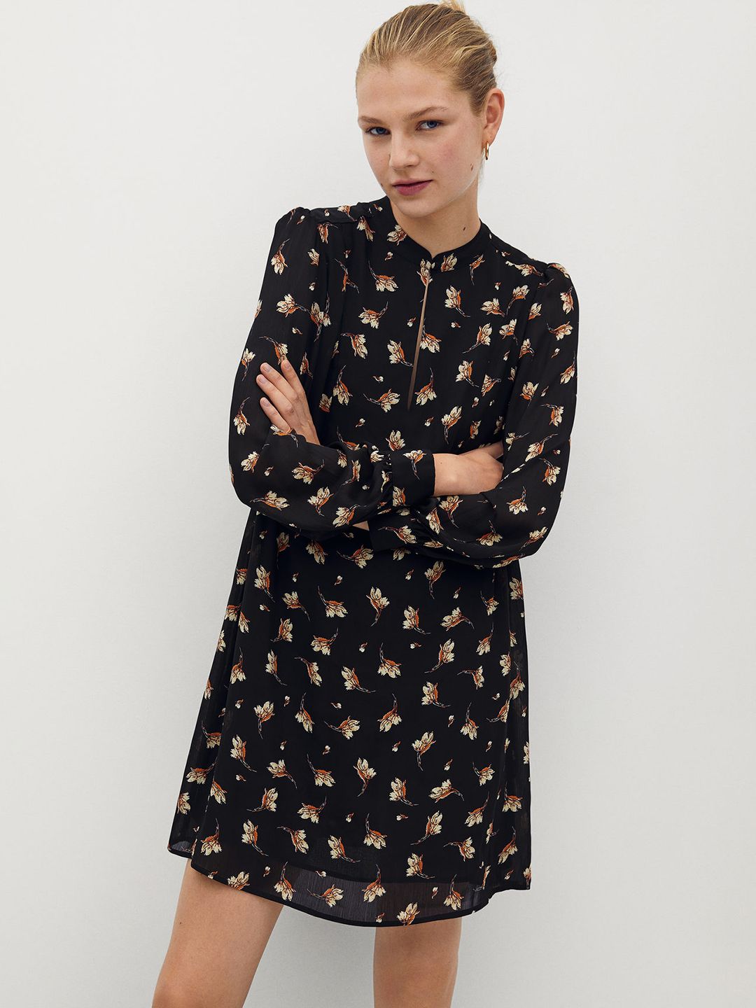 MANGO Women Black & Cream-Coloured Floral Printed Sustainable A-Line Dress