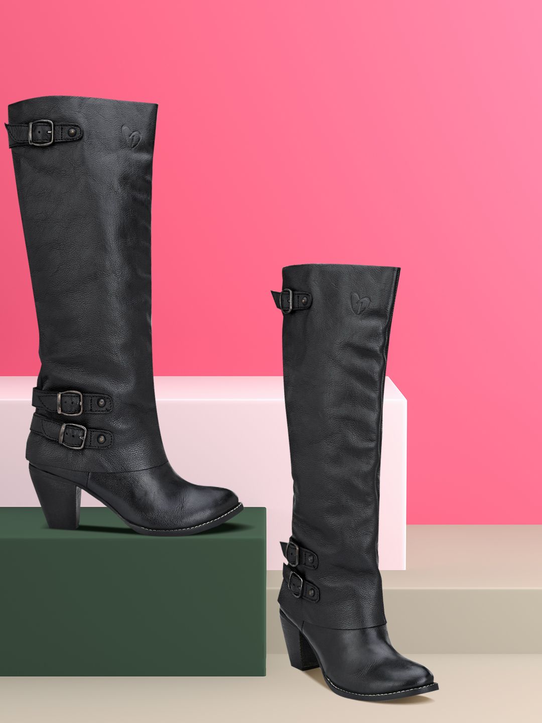Delize Women Black Solid Heeled Boots Price in India