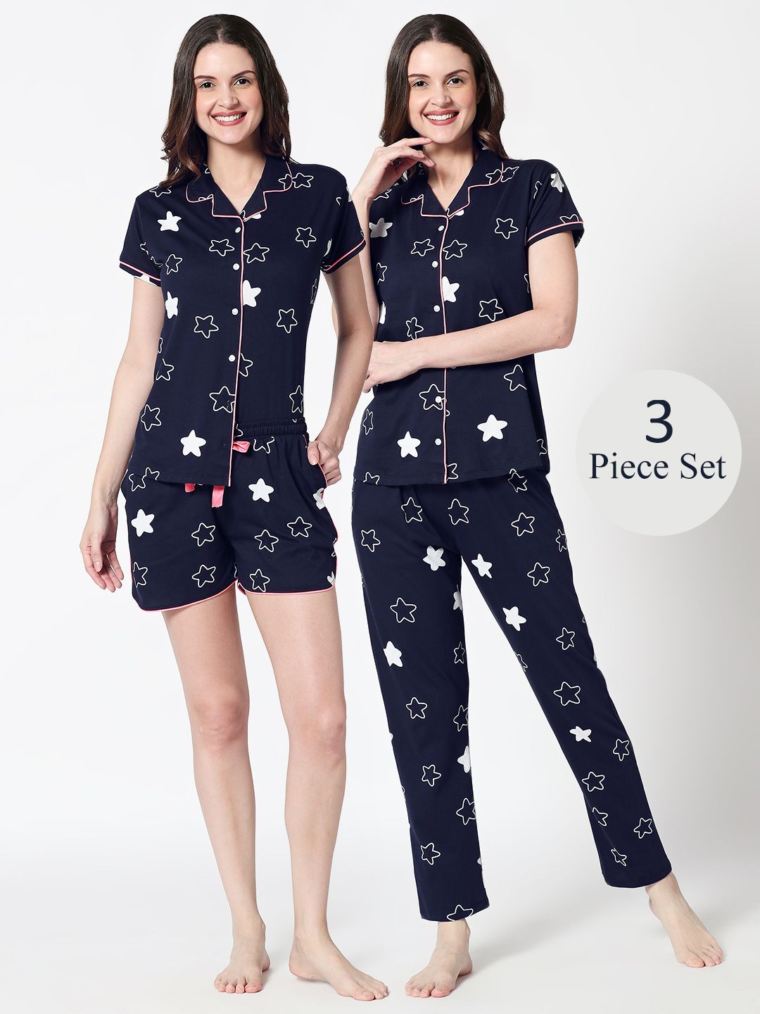 Zeyo Women Navy Blue Printed 3-Piece Night suit Price in India