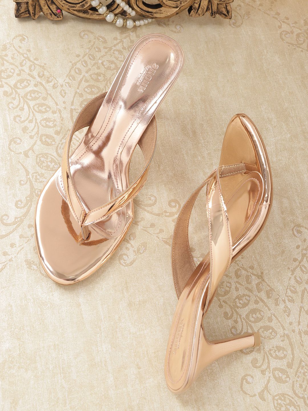 Anouk Women Rose Gold-Toned Solid Metallic Handcrafted Slim Heels Price in India