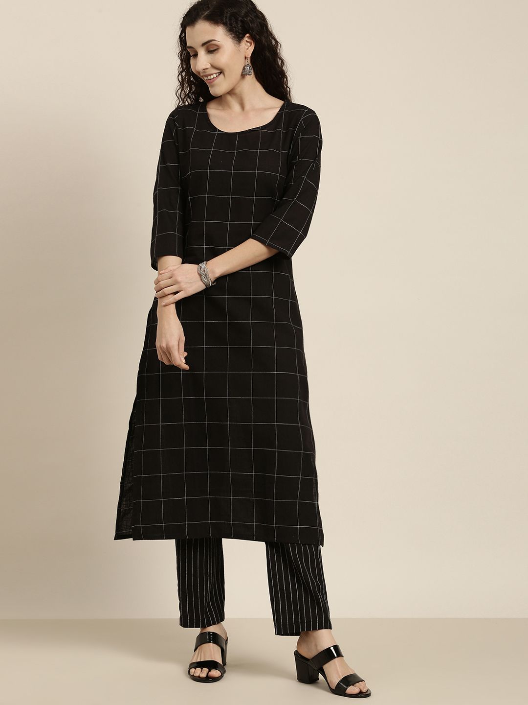 Vishudh Women Black & Off-White Checked Kurta with Palazzos Price in India