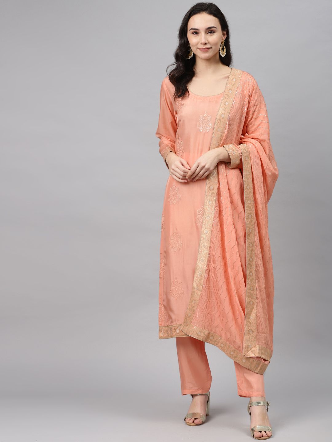 Biba Peach-Coloured Embroidered Unstitched Dress Material Price in India