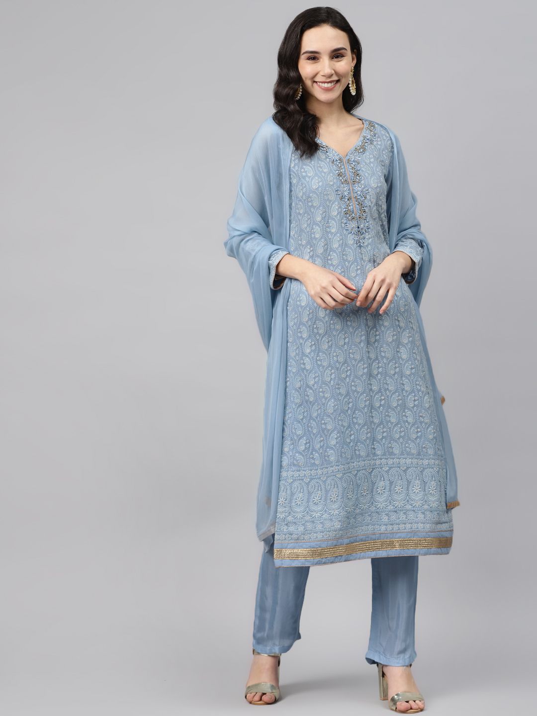 Biba Blue Georgette Embroidered Unstitched Dress Material Price in India