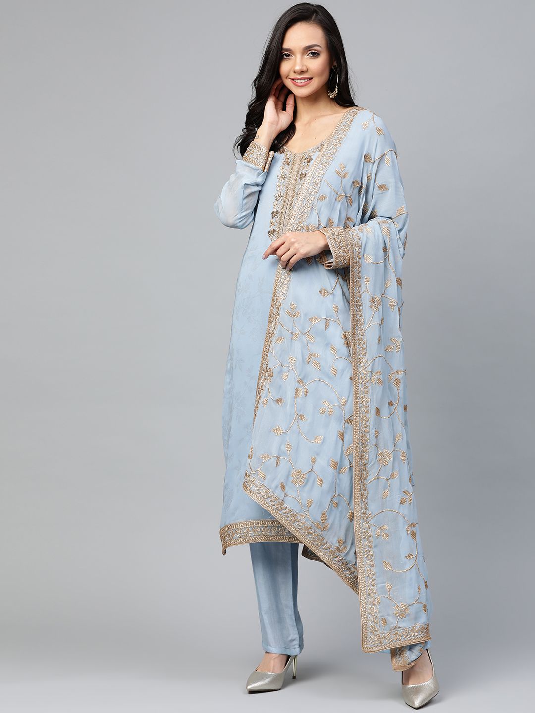 Biba Blue & Golden Unstitched Dress Material with Embroidery Price in India