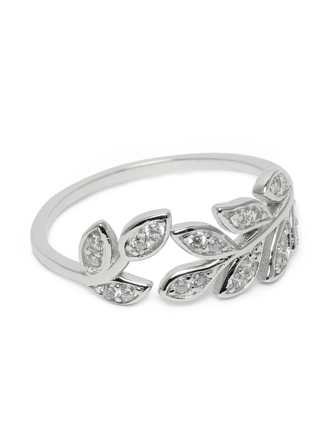 GIVA 925 Sterling Silver Rhodium-Plated Zircon Leaf Adjustable Finger Ring Price in India