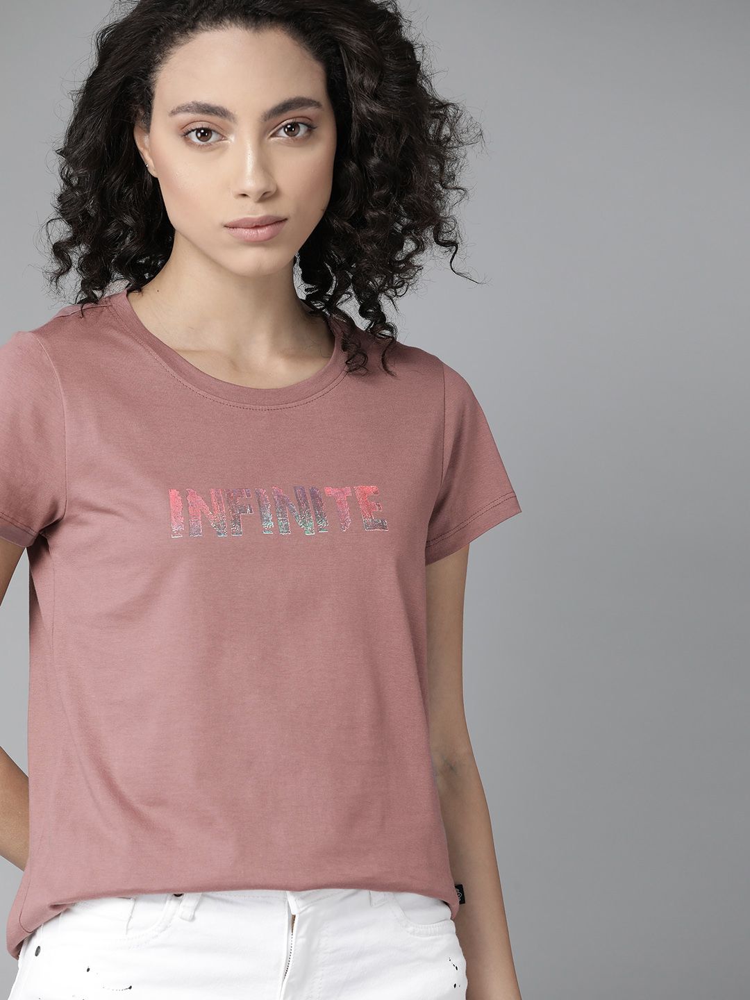 The Roadster Lifestyle Co Women Mauve Pure Cotton Printed Detail Round Neck T-shirt Price in India