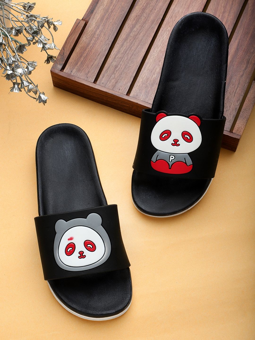 Pampy Angel Women Black & White Printed Sliders Price in India