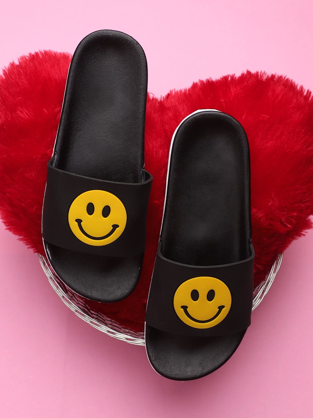 Pampy Angel Women Black & Yellow Smiley Printed Sliders Price in India