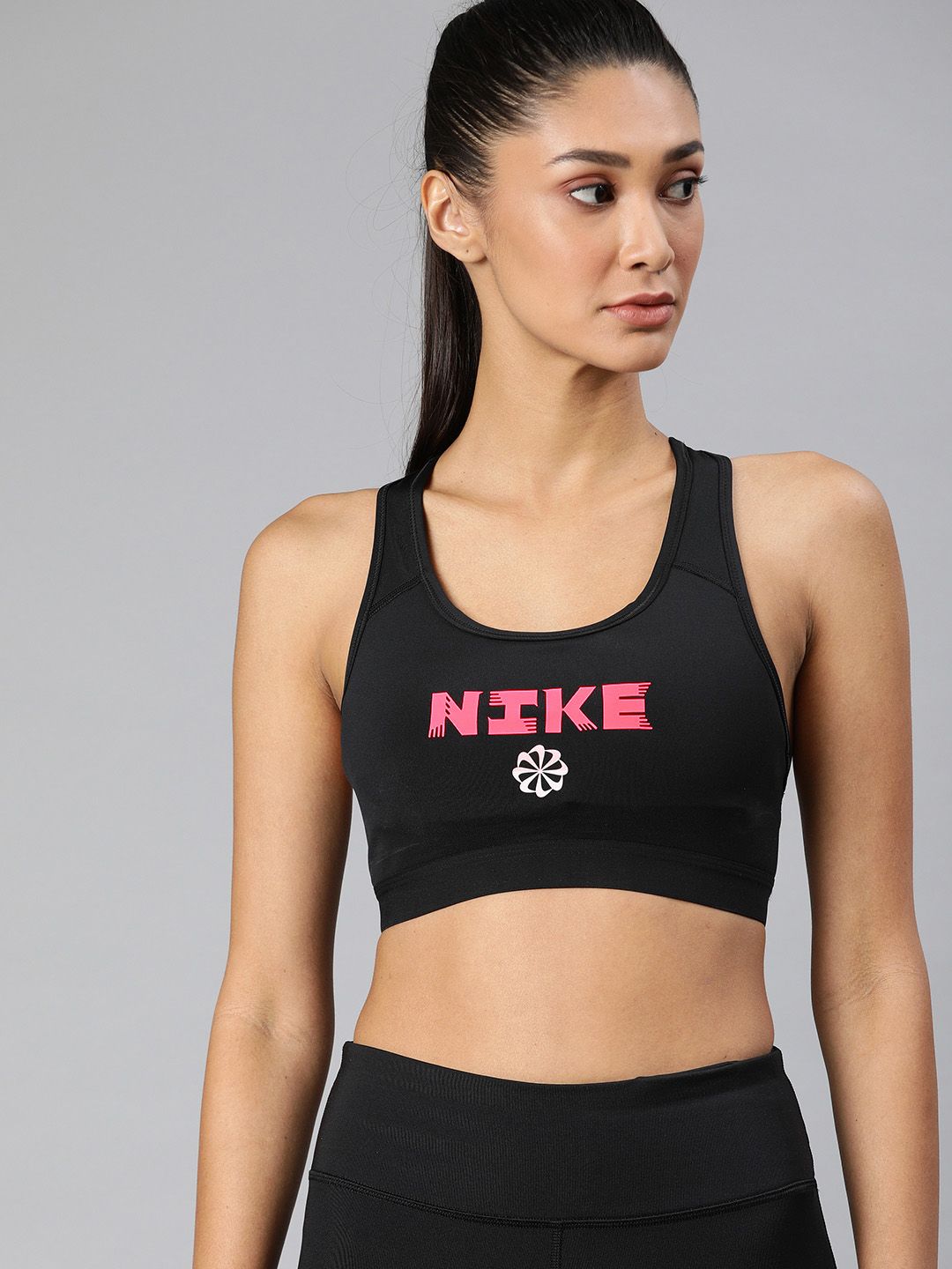 Nike Women Black & Pink Swoosh Icon Clash Non-Padded Medium-Support Workout Bra Price in India