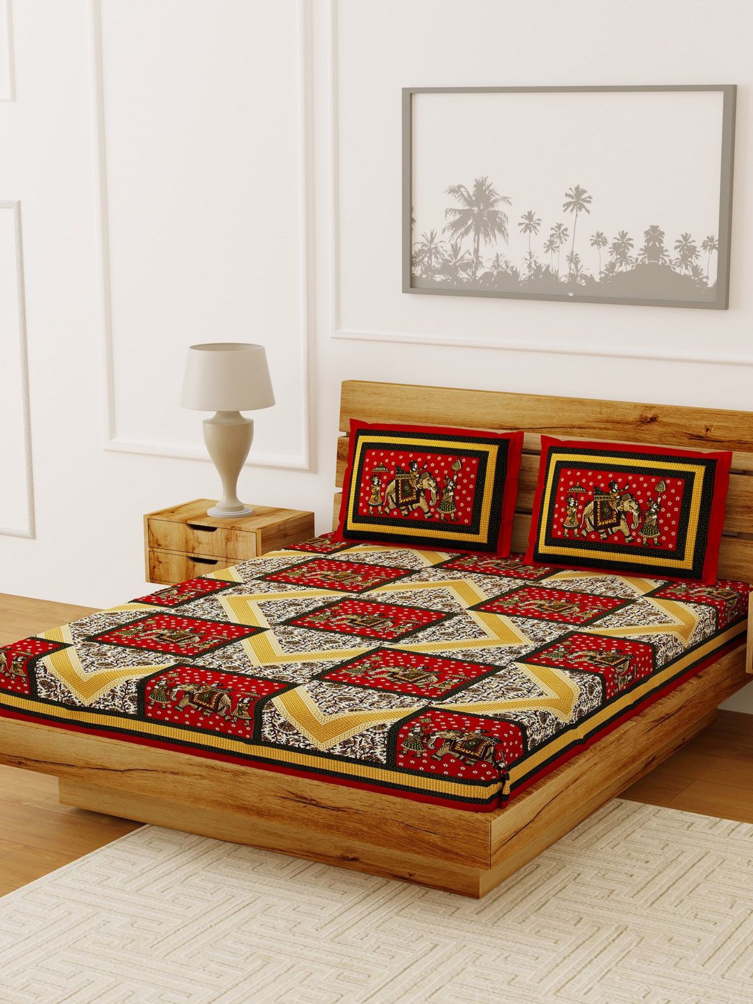 LIVING ROOTS Red & Yellow Ethnic Motifs Printed 120 TC Cotton Double Queen Bedsheet With 2 Pillow Covers Price in India