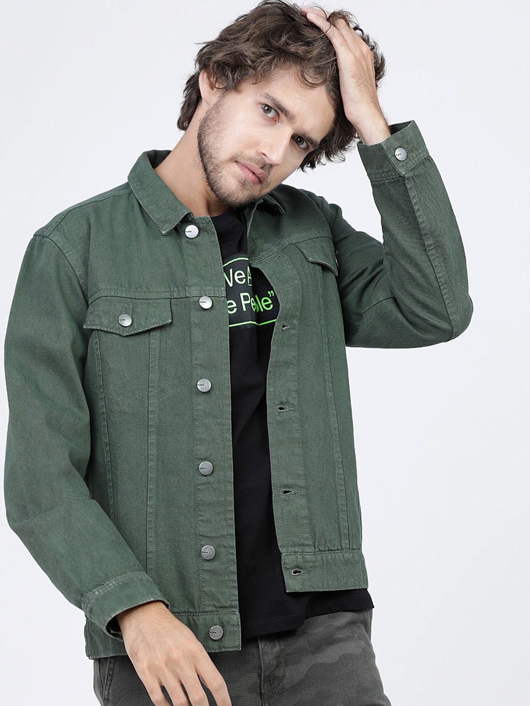 HIGHLANDER Men Green Solid Denim Jacket