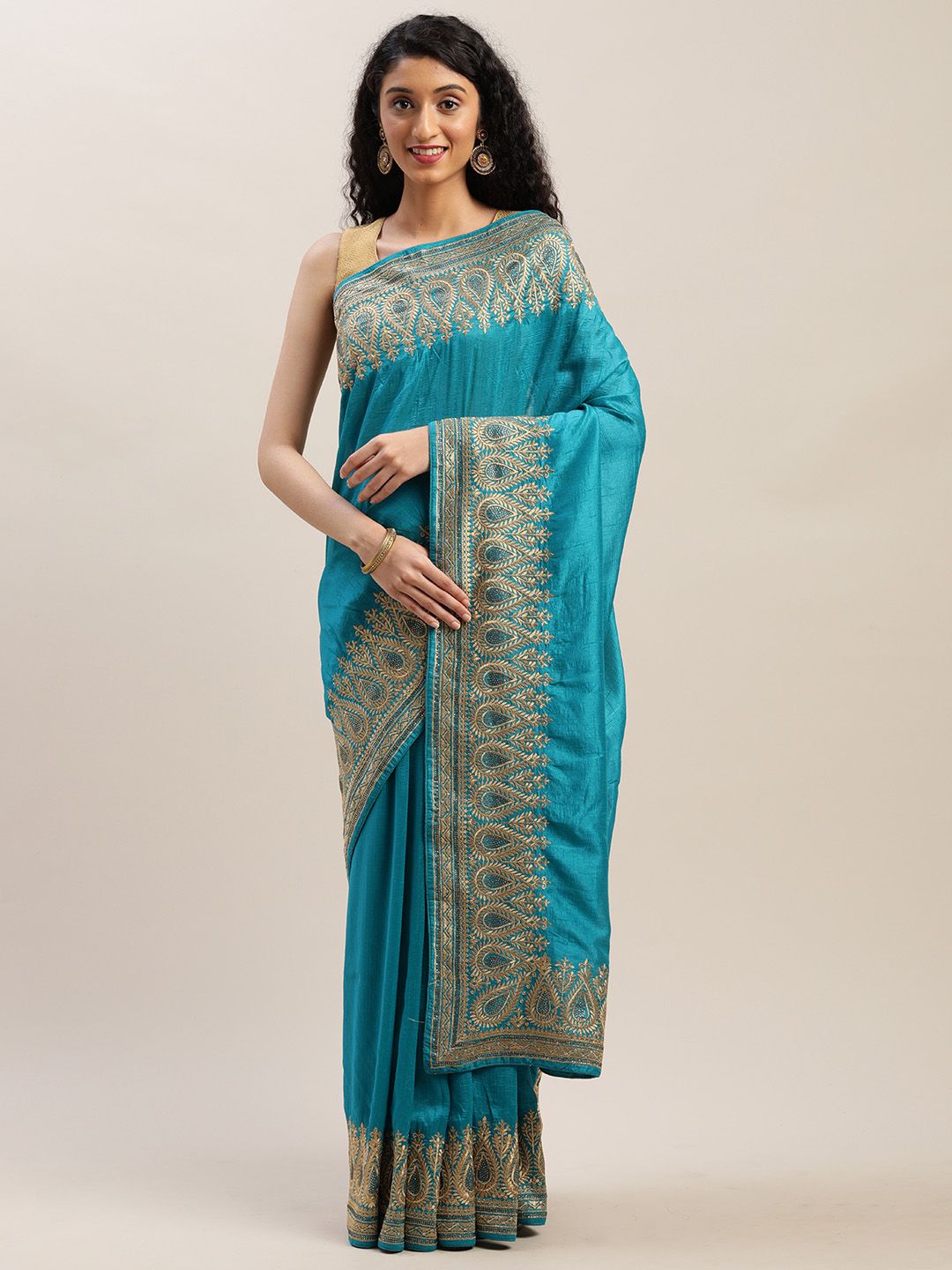 Soch Teal Blue Solid Poly Silk Saree