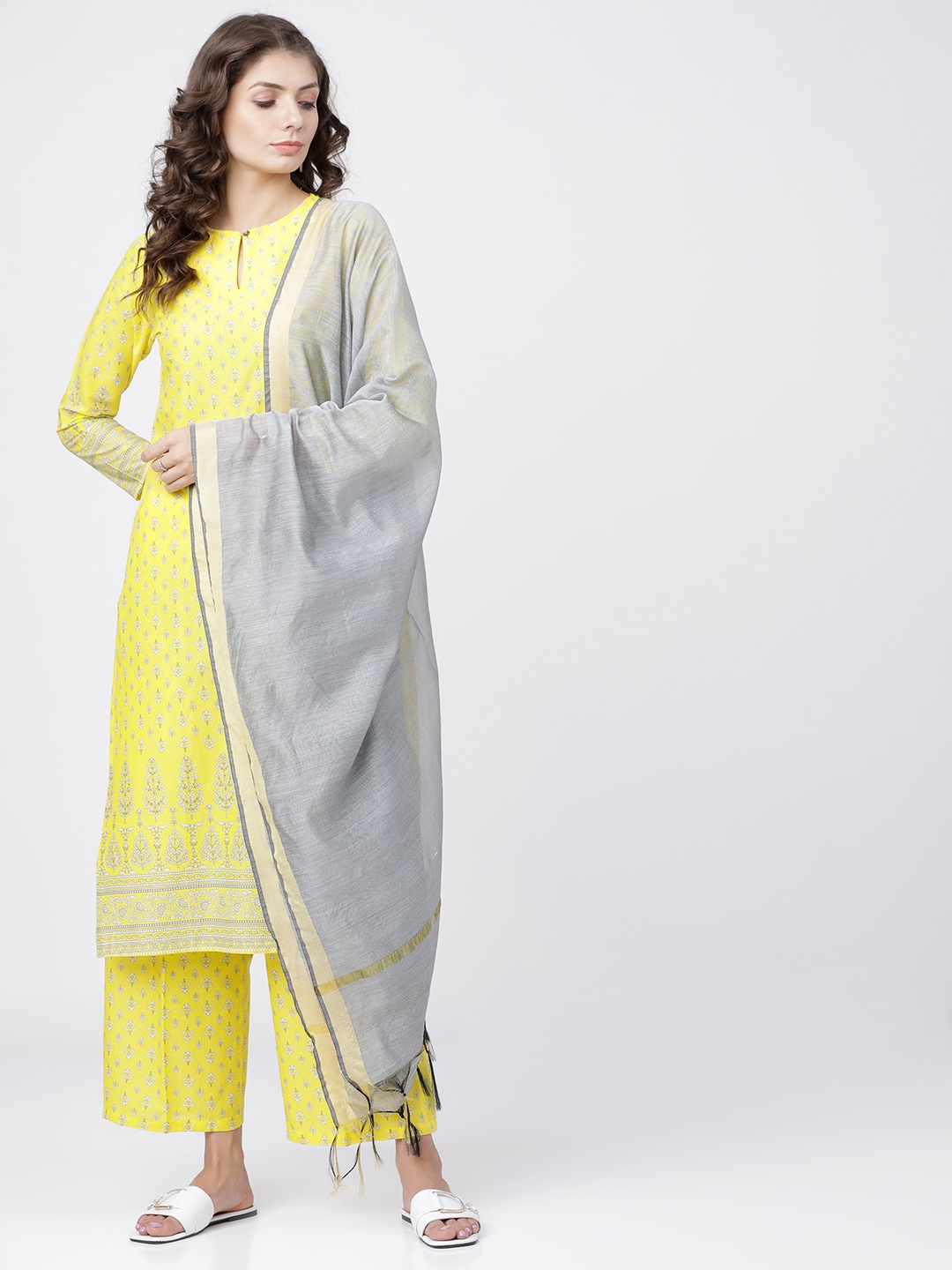 Vishudh Women Yellow & Silver-Toned Printed Kurta with Palazzos & Dupatta Price in India