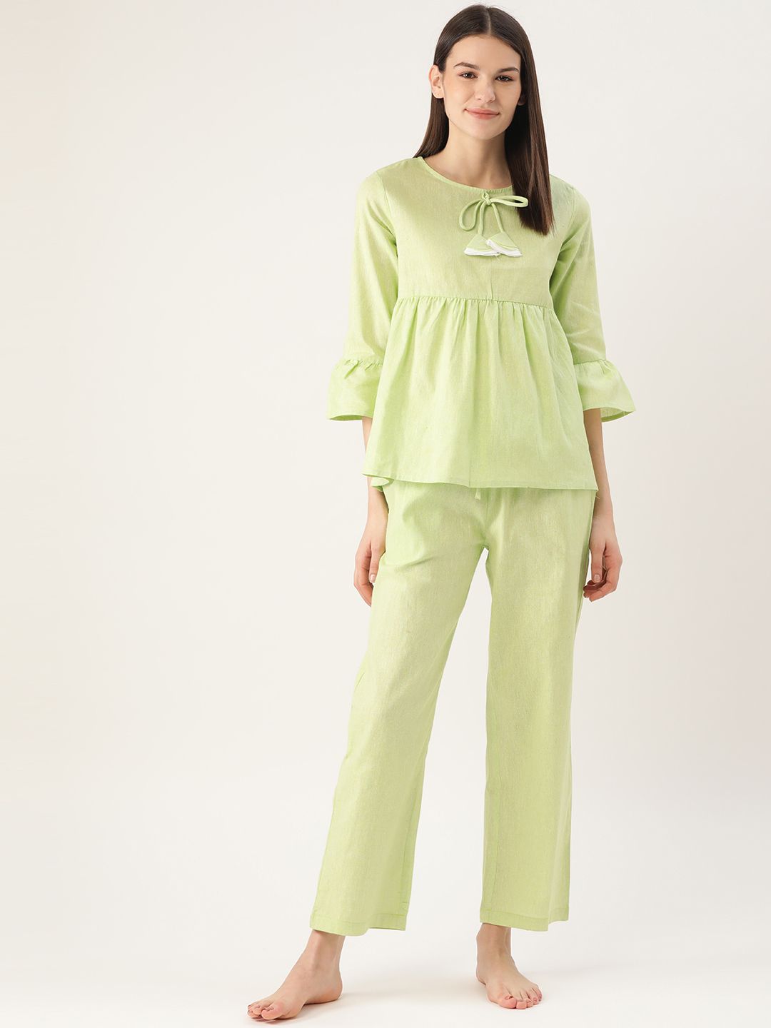 Cottinfab Women Lime Green Solid Pure Cotton Night Suit Price in India