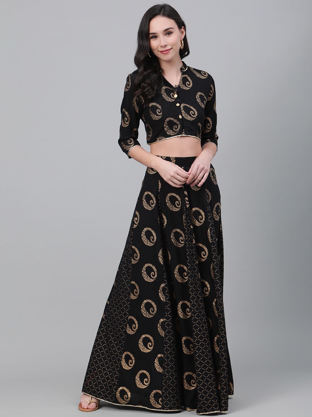 Readiprint Fashions Black & Golden Printed Ready to Wear Lehenga with Blouse