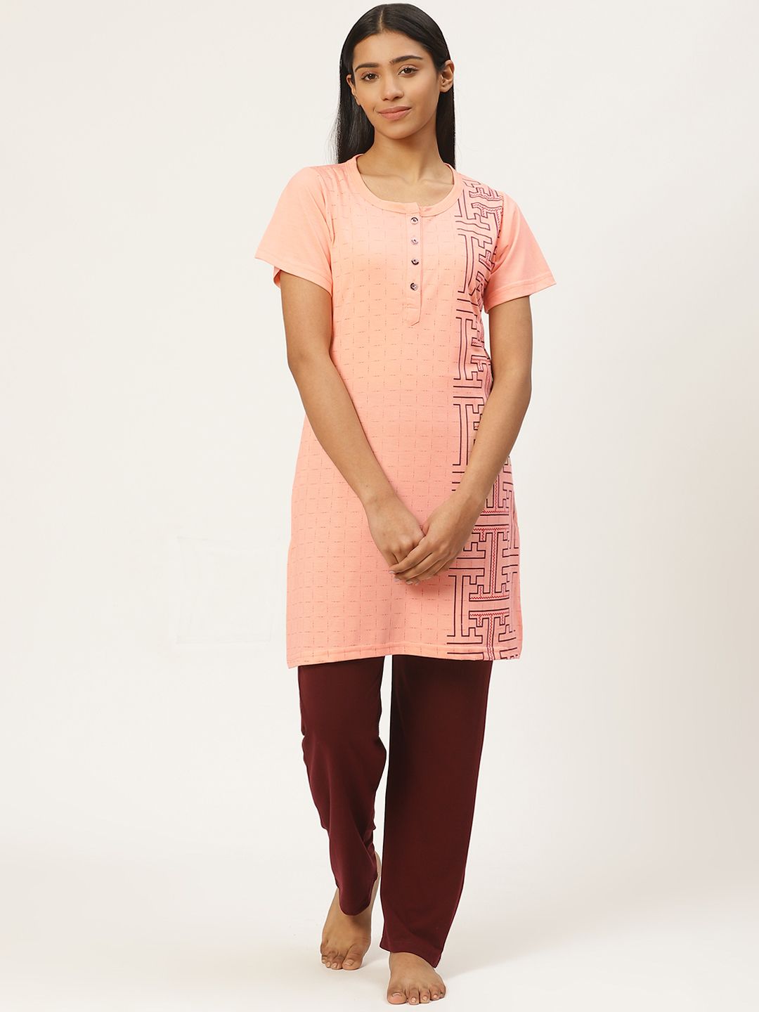 Duchess Women Peach-Coloured & Maroon Printed Night Suit Price in India