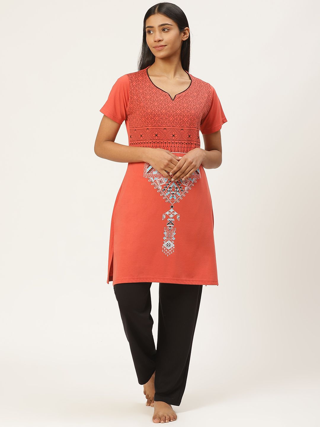 Duchess Women Peach-Coloured & Black Printed Night Suit Price in India