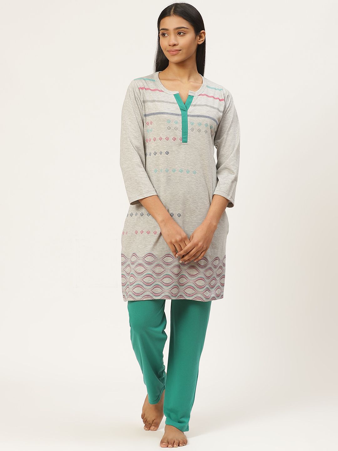 Duchess Women Grey Melange & Green Printed Night suit Price in India