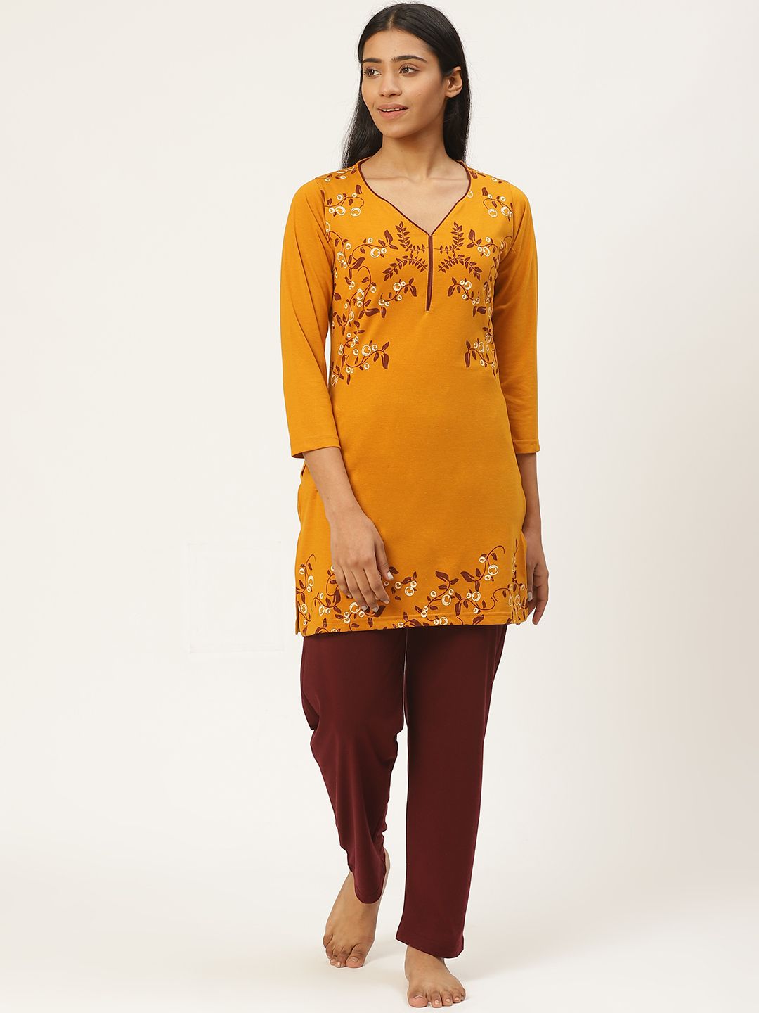 Duchess Women Mustard Yellow & Maroon Printed Night Suit Price in India