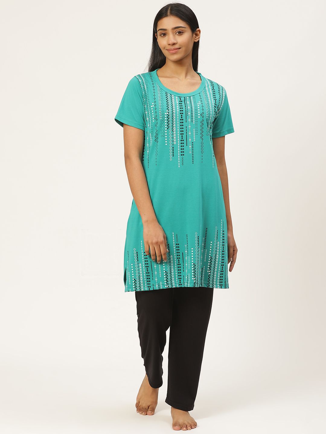 Duchess Women Sea Green & Black Printed Night Suit Price in India