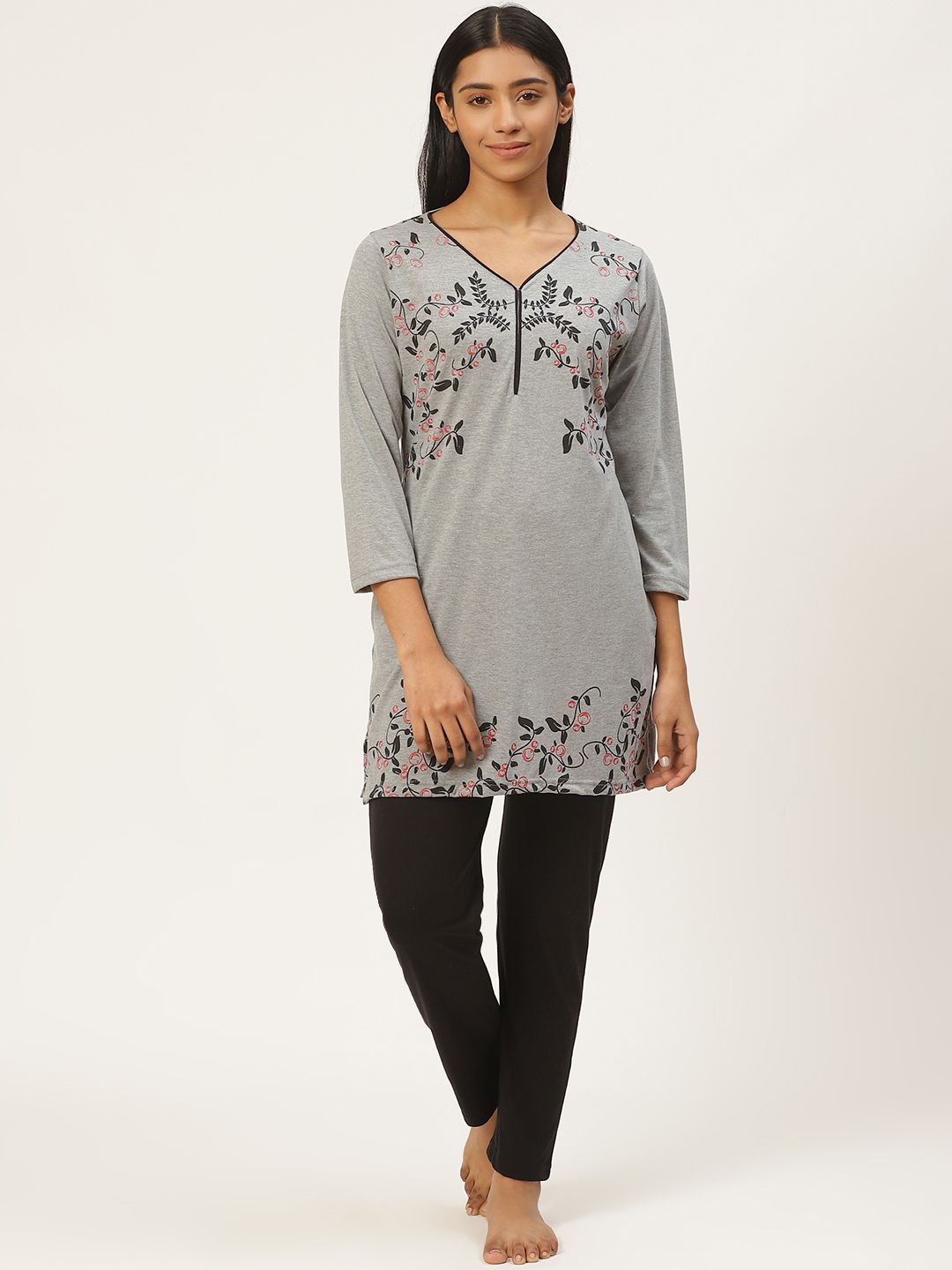 Duchess Women Grey Melange & Black Printed Night Suit Price in India