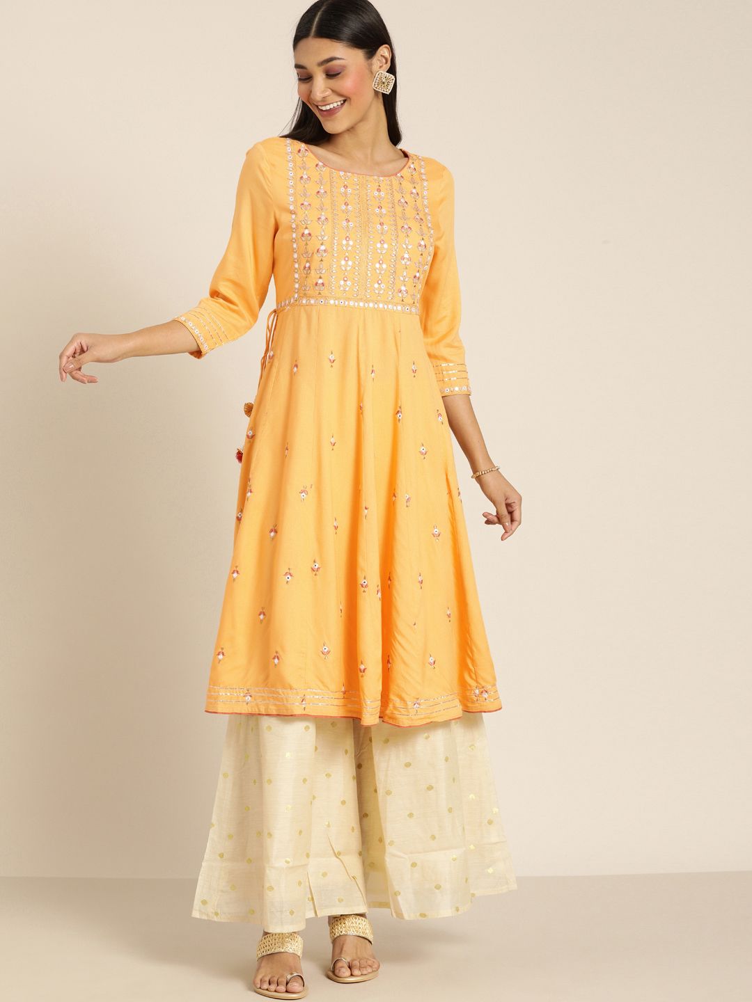 all about you Women Yellow Embroidered A-Line Kurta Price in India
