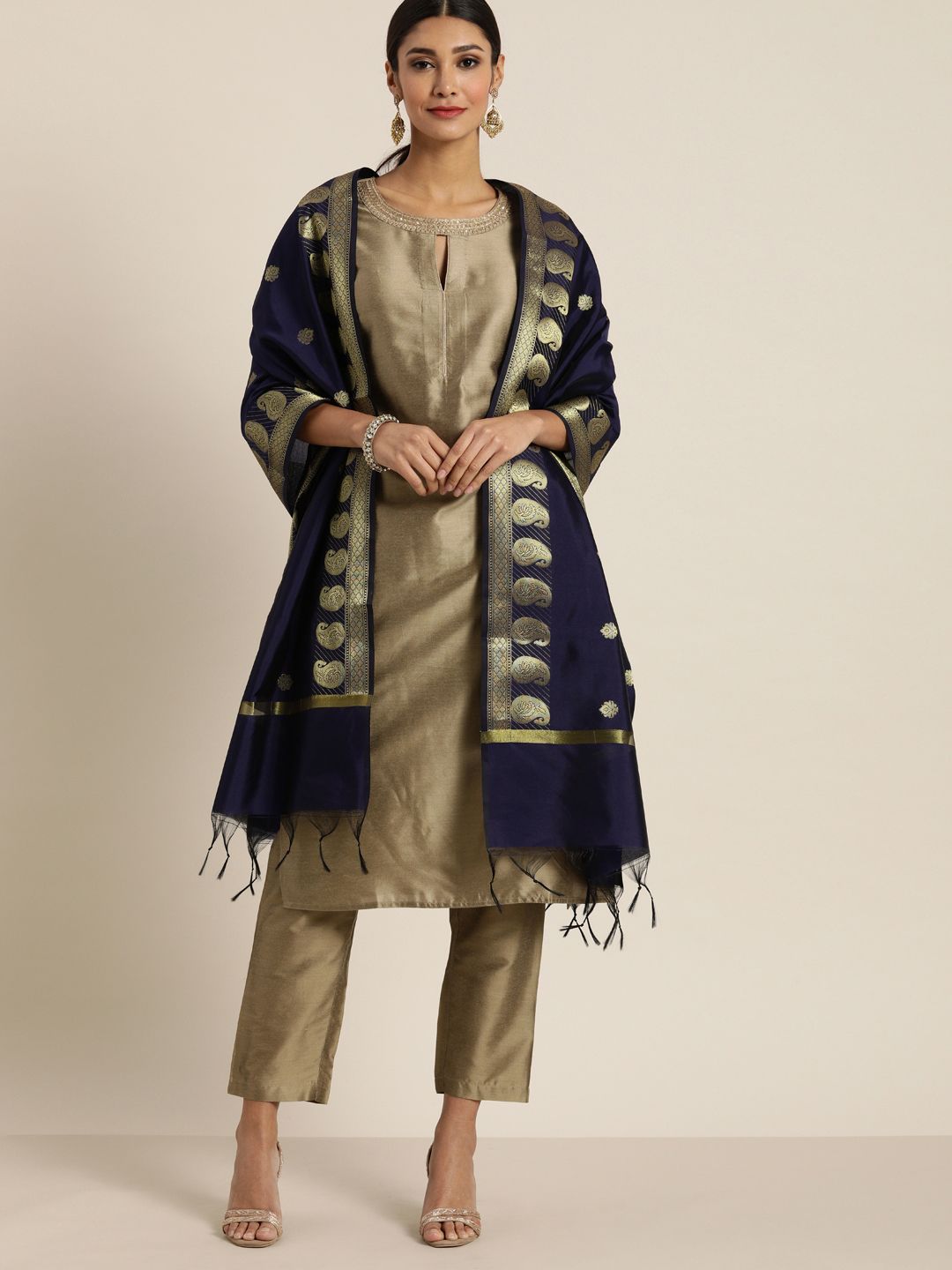 all about you Women Beige Solid Kurta with Trousers & Dupatta Price in India