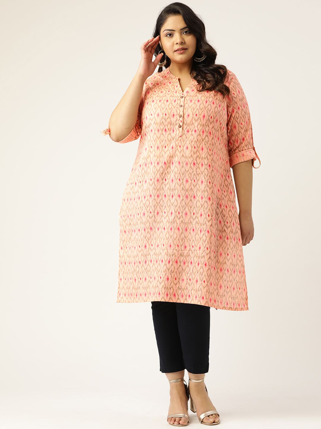 Sztori Women Plus Size Peach-Coloured & Pink Printed Pure Cotton Straight Kurta