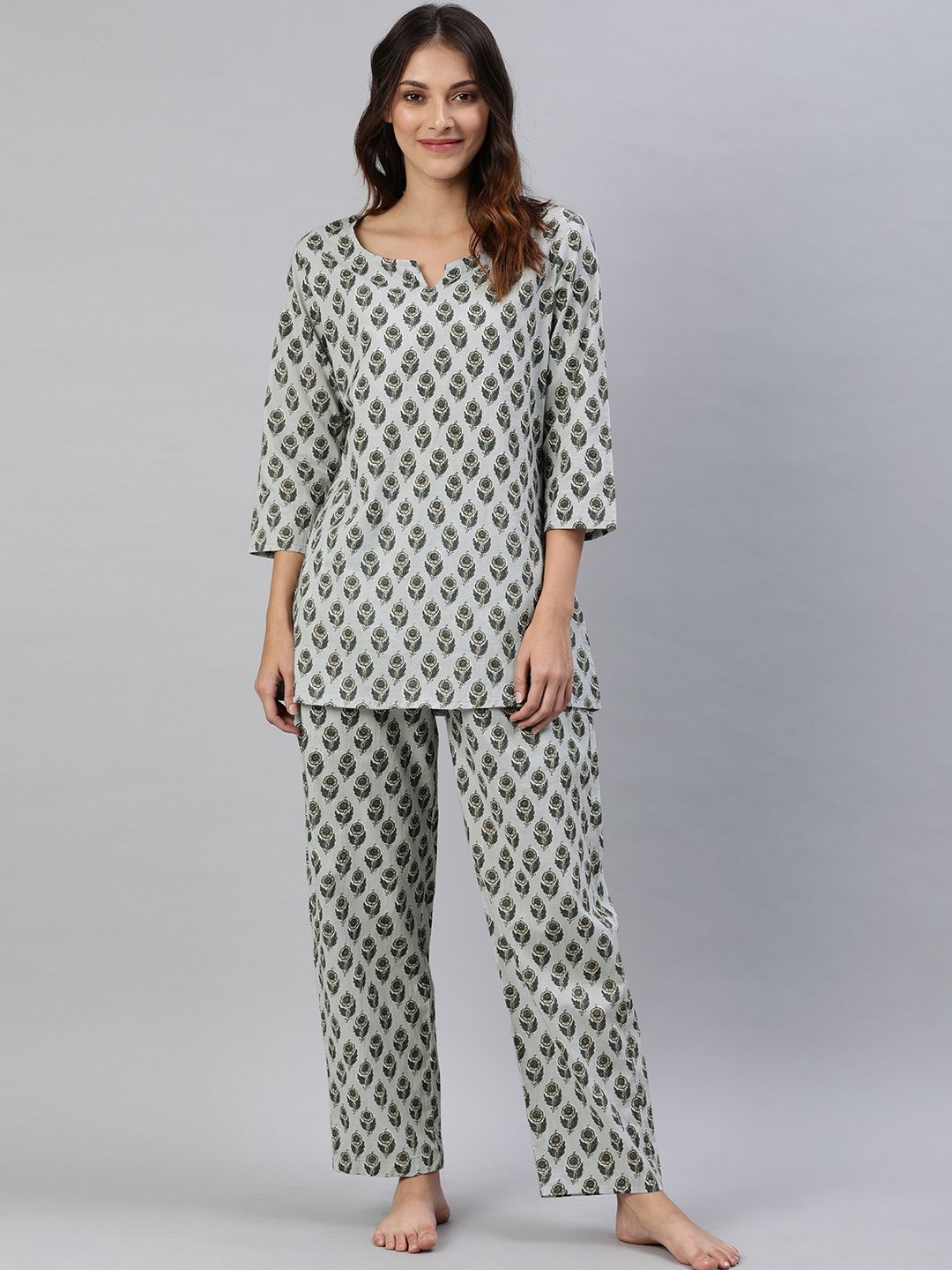 Divena Women Grey & Beige Floral Printed Night Suit Price in India