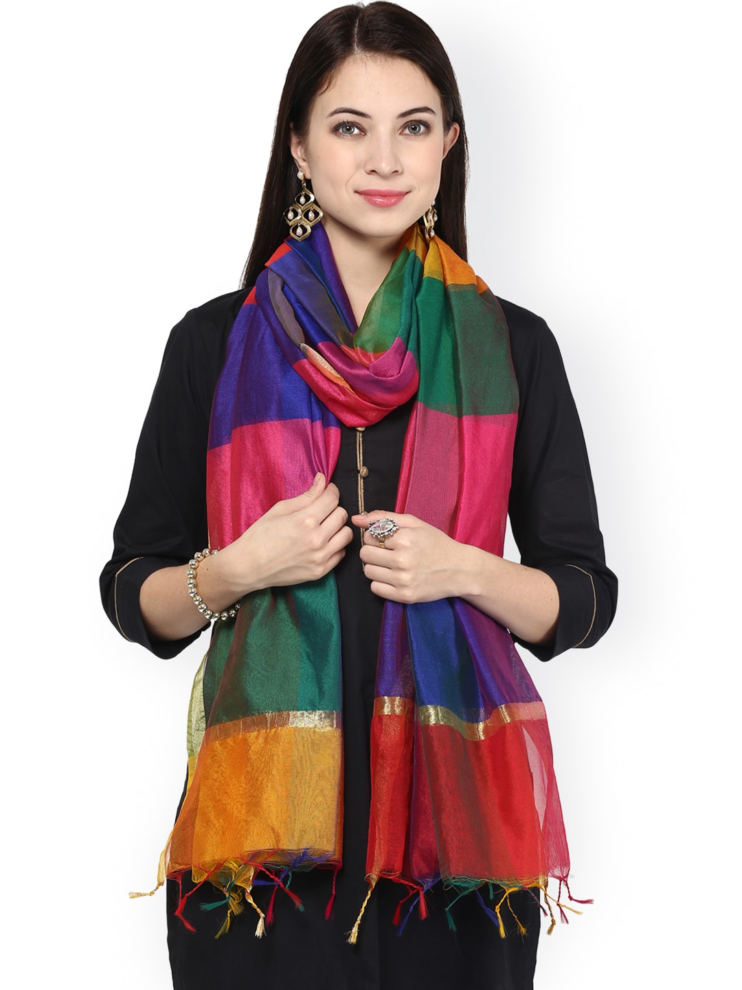 Dupatta Bazaar Multicoloured Striped Silk Dupatta Price in India