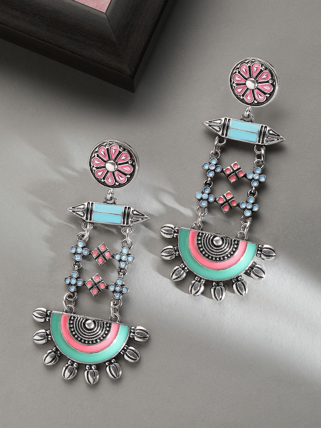 Rubans Blue Silver-Plated Contemporary Drop Earrings Price in India