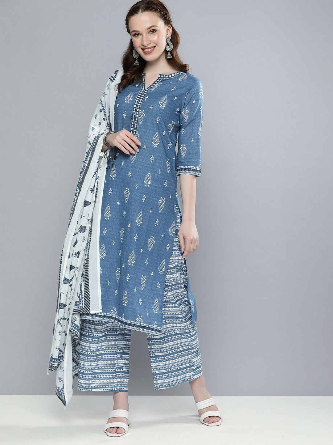 Vishudh Women Blue & White Printed Kurta with Palazzos & Dupatta Price in India