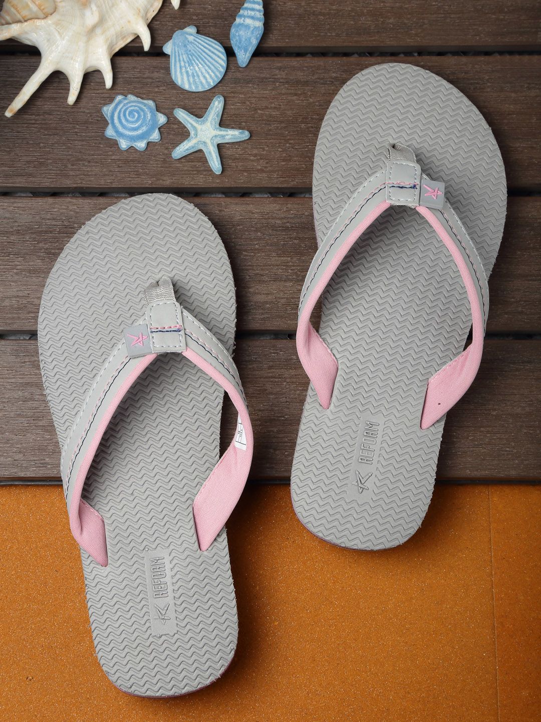 REFOAM Women Grey & Pink Solid Slip-On Flip Flops Price in India