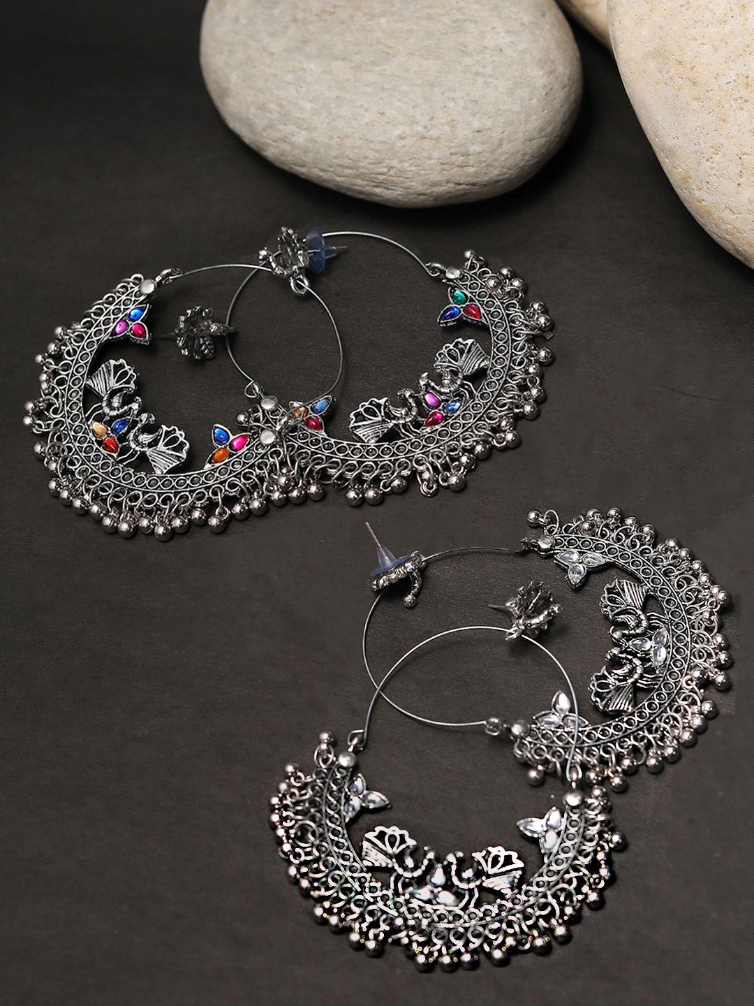 Yellow Chimes Set of 2 Silver-Toned & White Oxidised Peacock Shaped Hoop Earrings Price in India