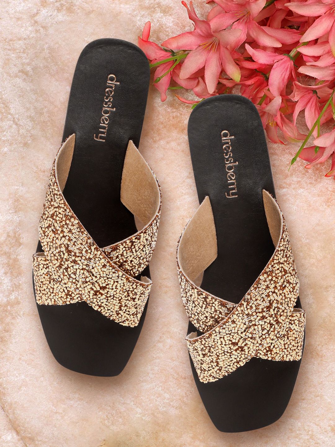 DressBerry Women Gold-Toned Embellished Open Toe Flats Price in India