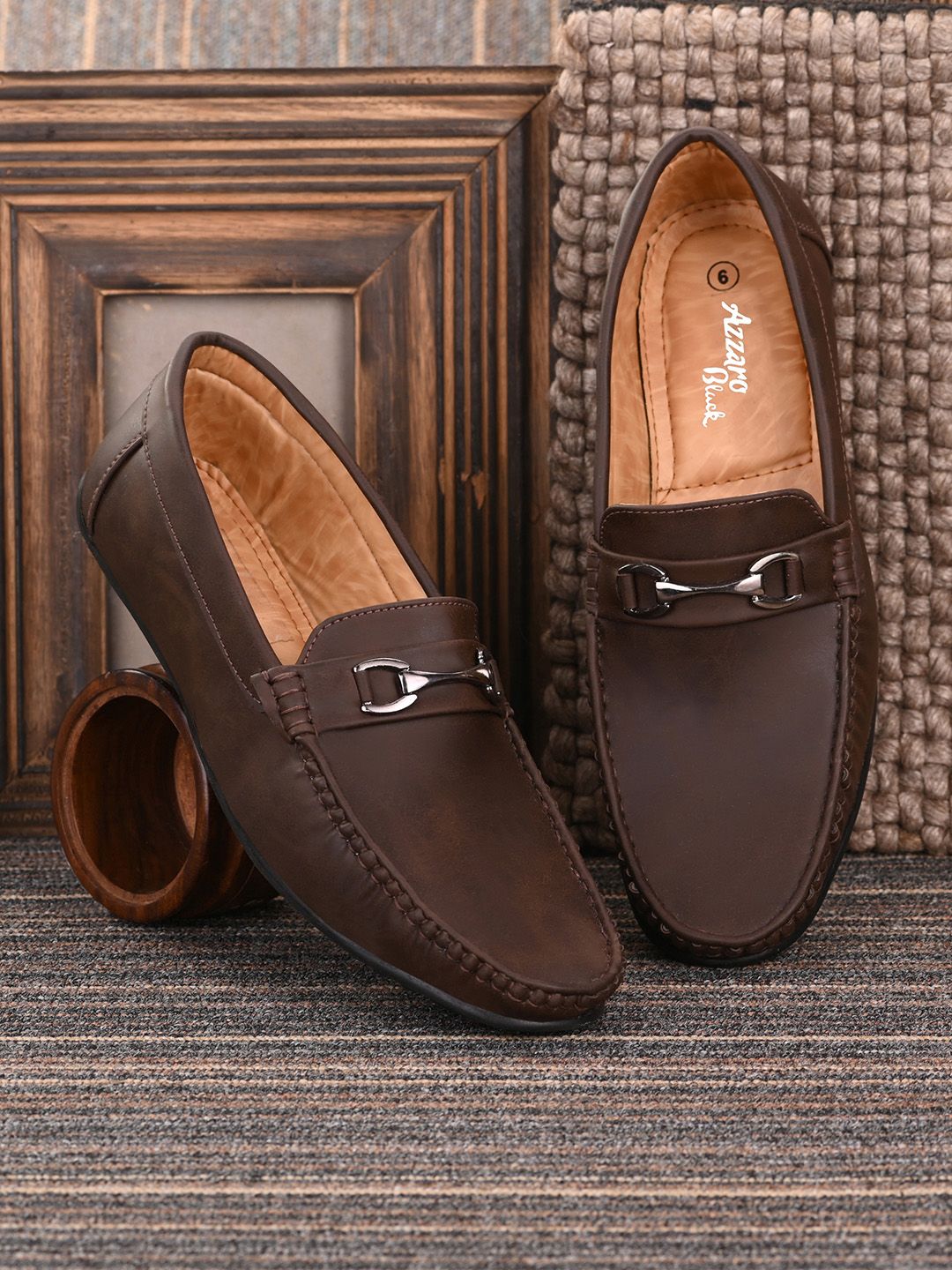 Azzaro Black Men Brown Textured Loafers