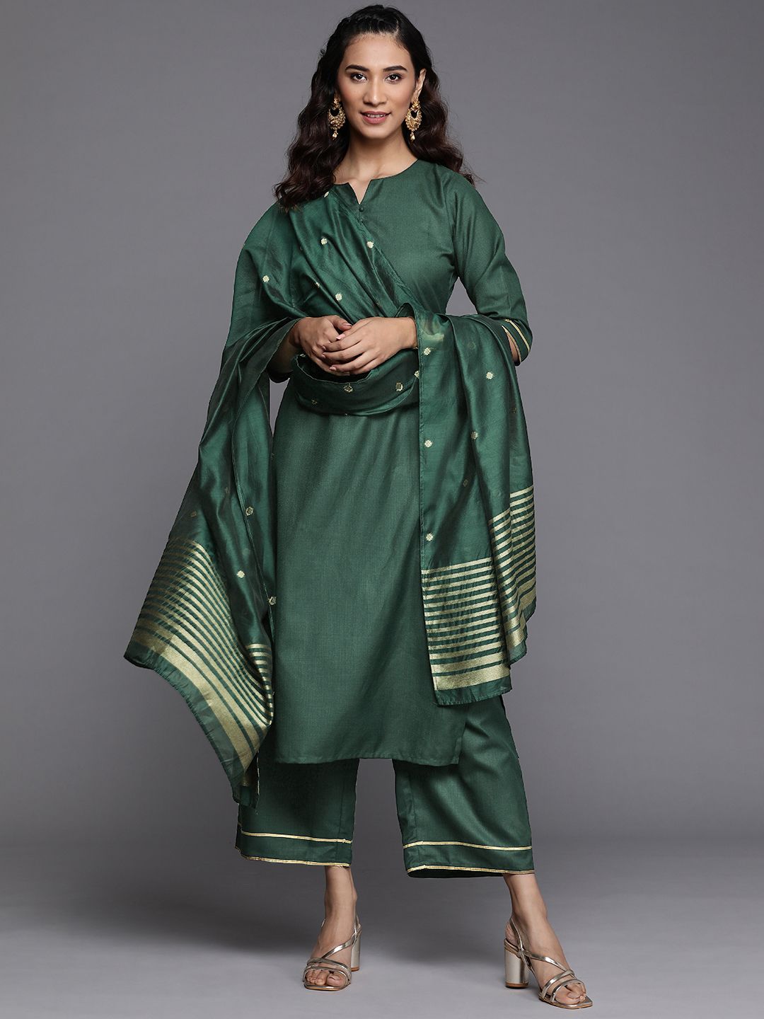 Libas Women Green Pure Cotton Kurta with Palazzos & With Dupatta