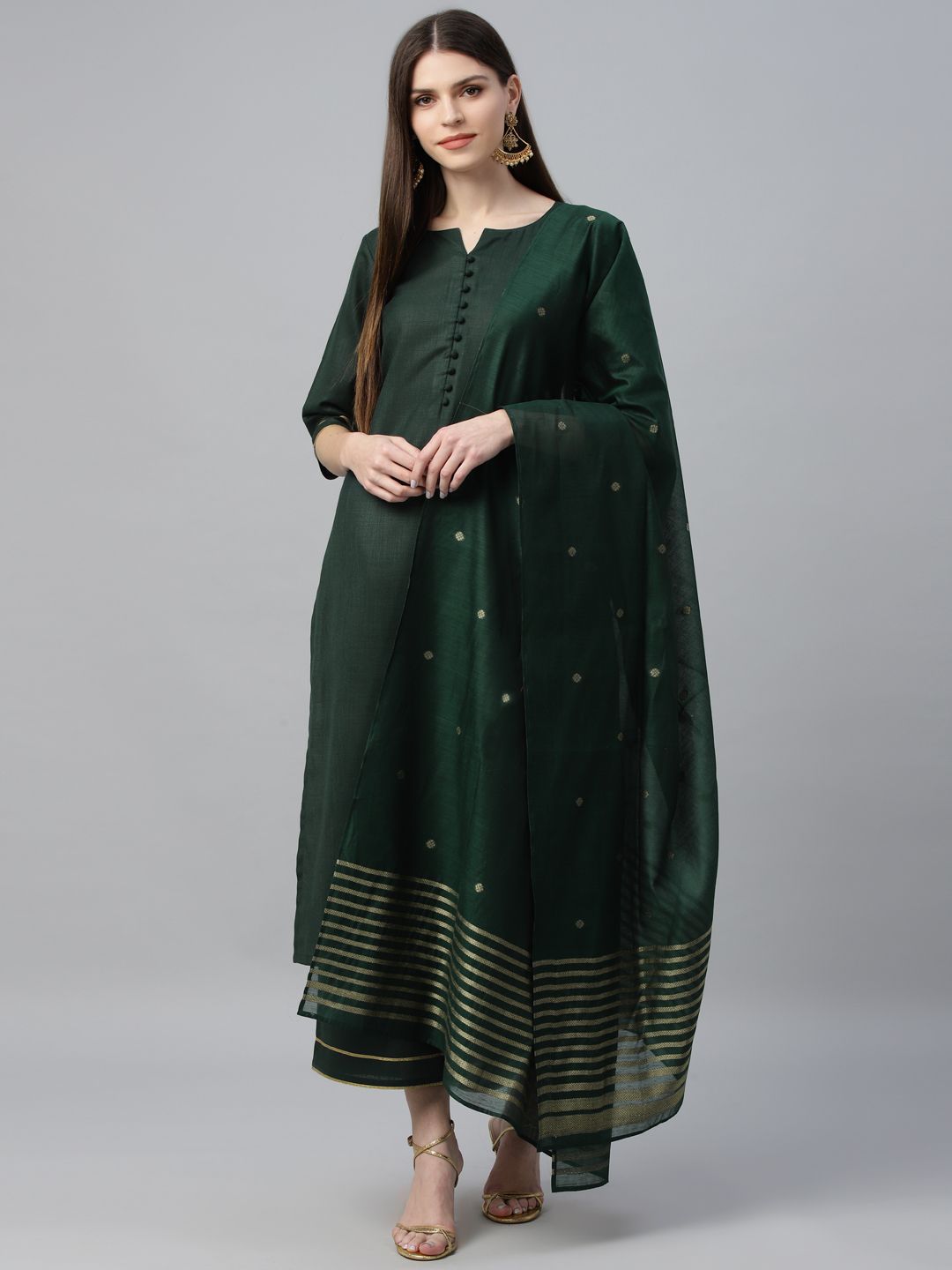 Libas Women Green Pure Cotton Kurta with Palazzos & With Dupatta Price in India