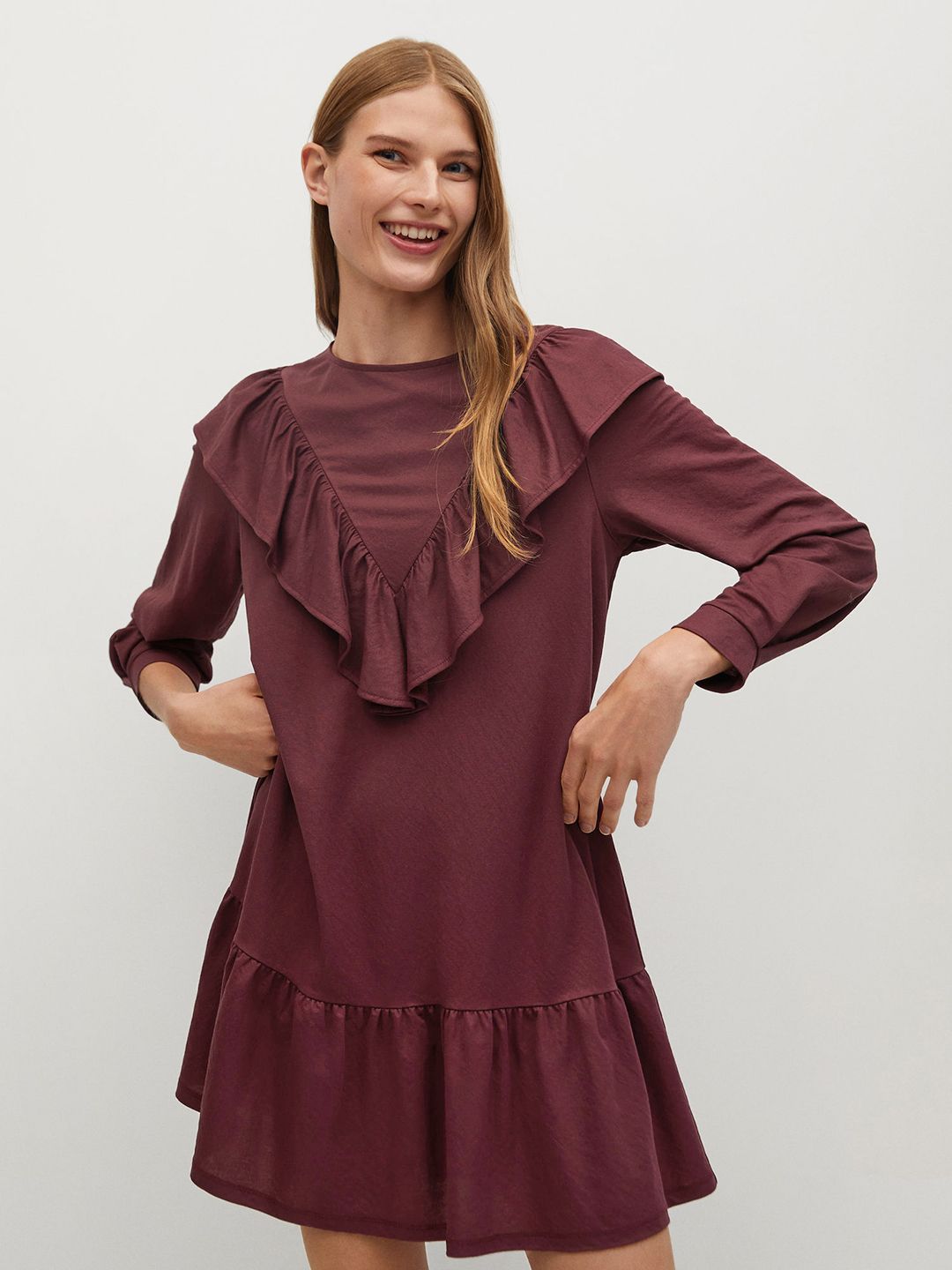 MANGO Women Maroon Solid A-Line Dress Price in India