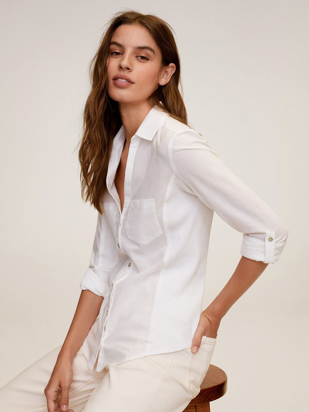 MANGO Women White Regular Fit Solid Casual Shirt