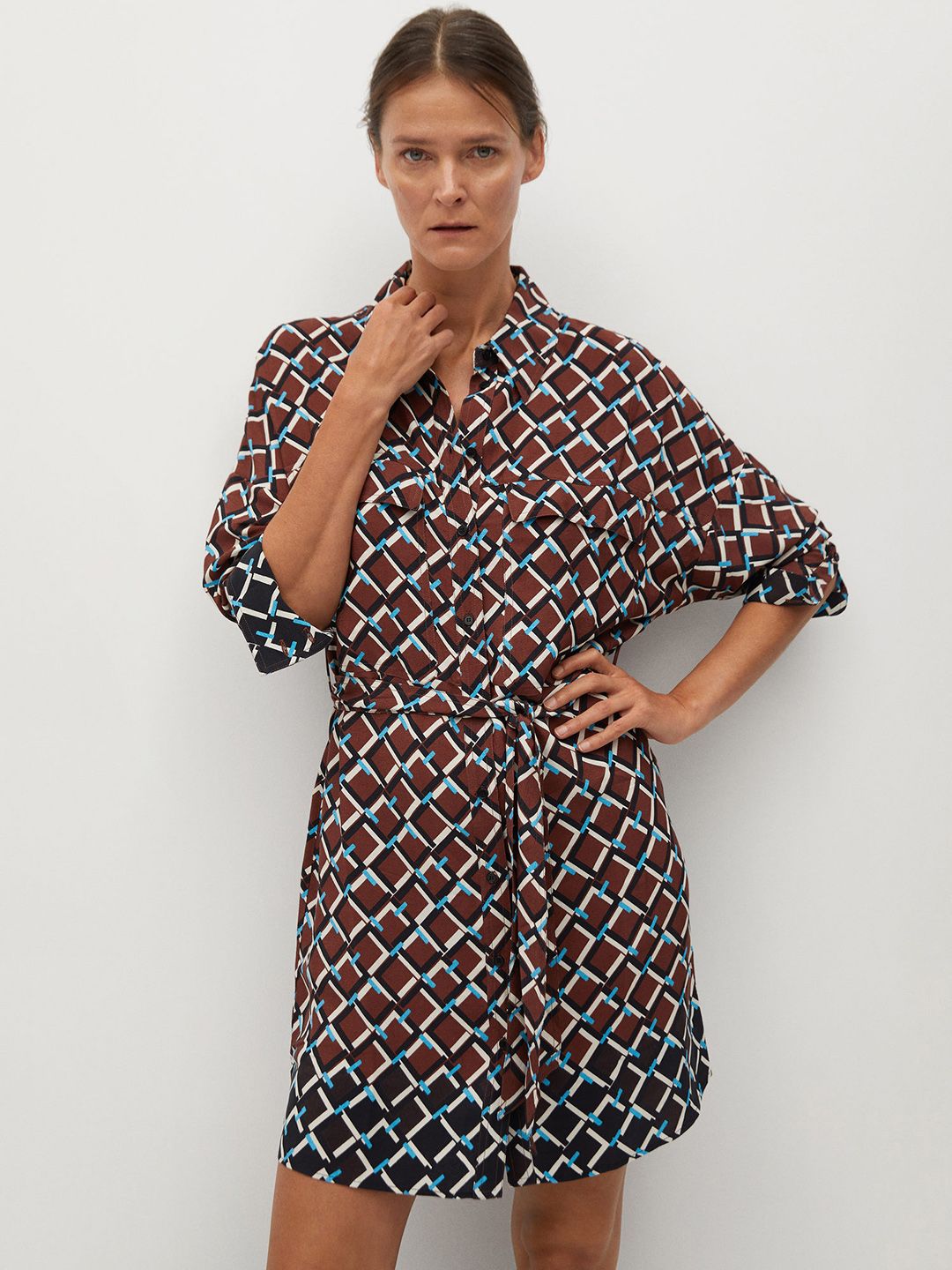 MANGO Women Brown & Blue Printed Shirt Dress with Belt