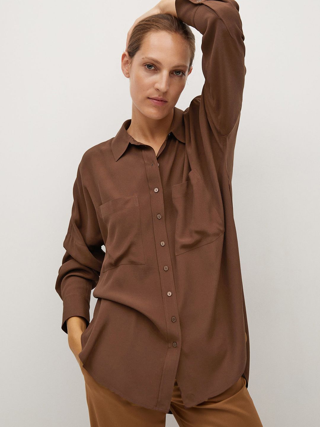 MANGO Women Brown Regular Fit Solid Casual Sustainable Shirt