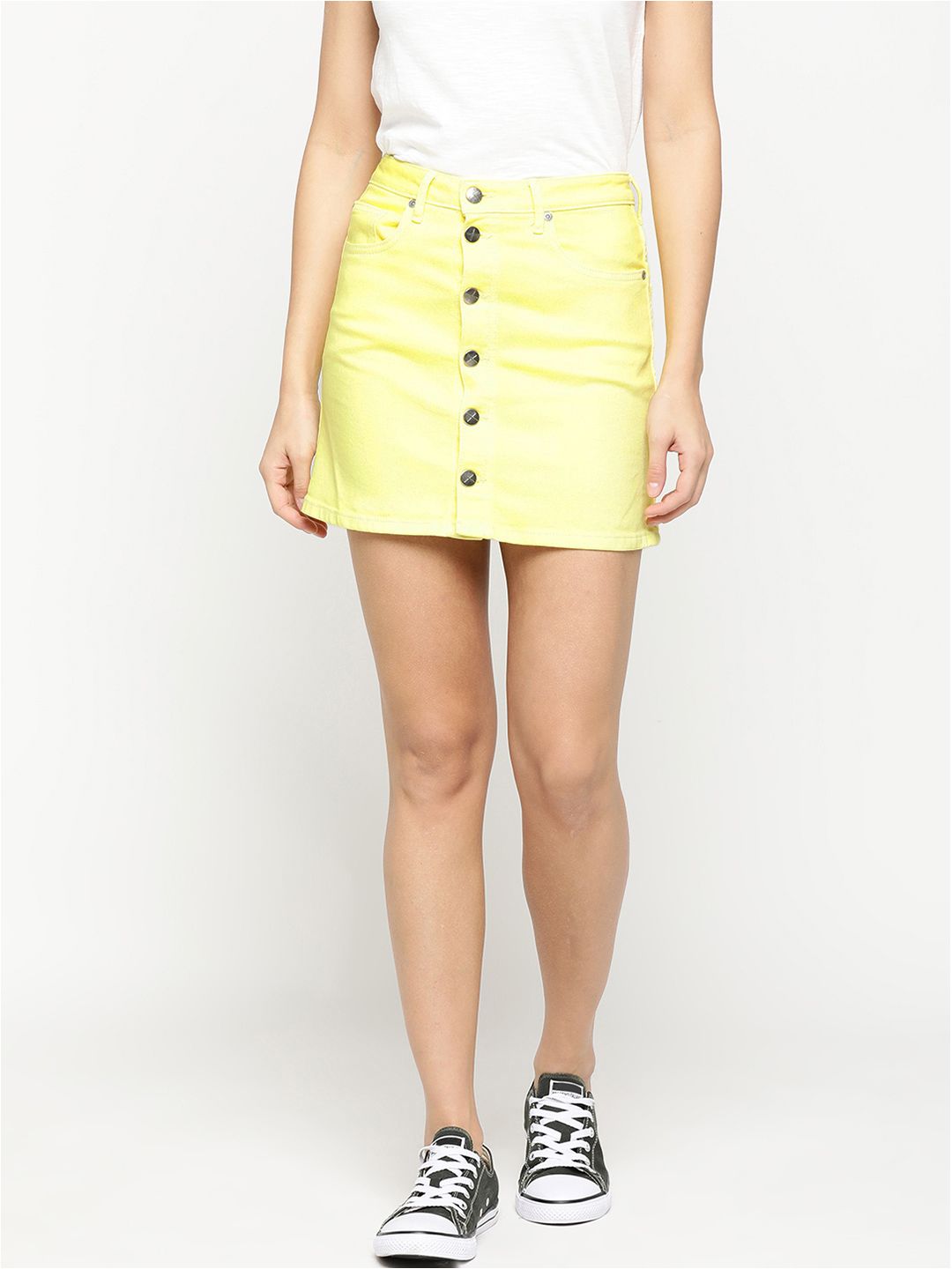 Pepe Jeans Women Yellow Solid A-Line Mini Pure Cotton Skirt