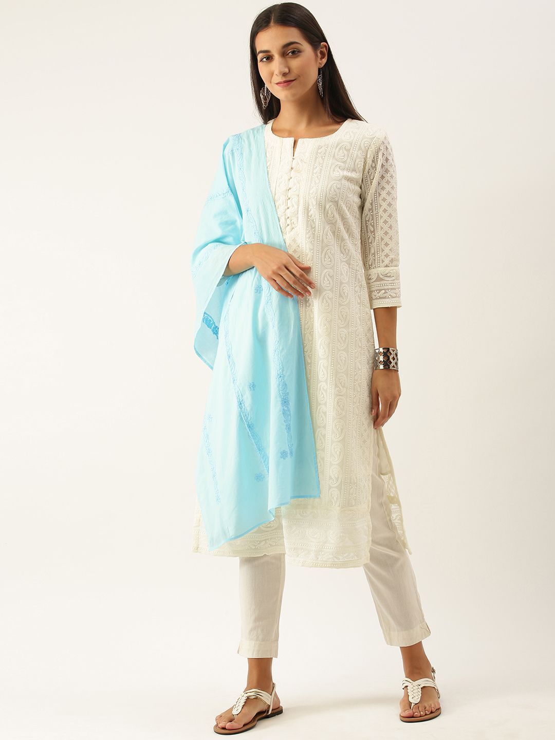House of Pataudi Blue Authentic Hand Embroidered Chikankari Dupatta