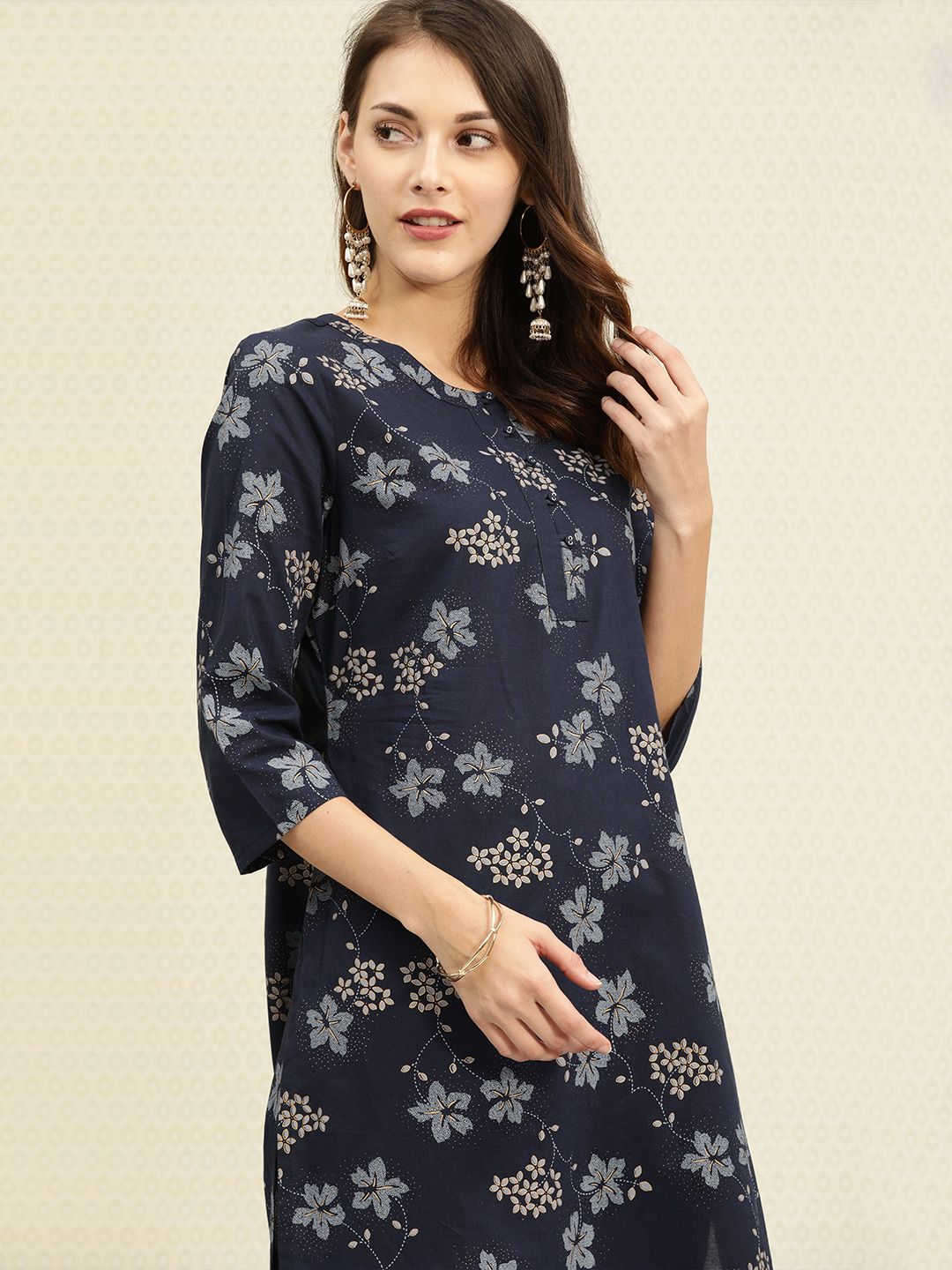 House of Pataudi Women Navy Blue Printed Kurta with Trousers Price in India